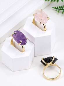 1 件 CSJA 不对称天然石戒指，适合女士女孩，疗愈能量黄水晶紫水晶玫瑰石英水晶金色奢华珠宝配饰礼物 H587 - Ring - 查看 4