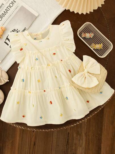 2pcs/Set Baby Girls Flower & Cherry Embroidery Solid Color Sleeveless Dress And Bow Decor Handbag, Summer Casual Everyday Outfit