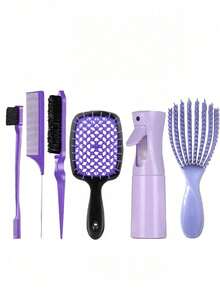 6件套美发造型梳套装，干湿两用卷发梳（适用于3/4 ABC自然波浪卷发）、超细喷雾瓶、尖尾梳、发际线及后颈边缘梳，适合粗细发质，护发工具