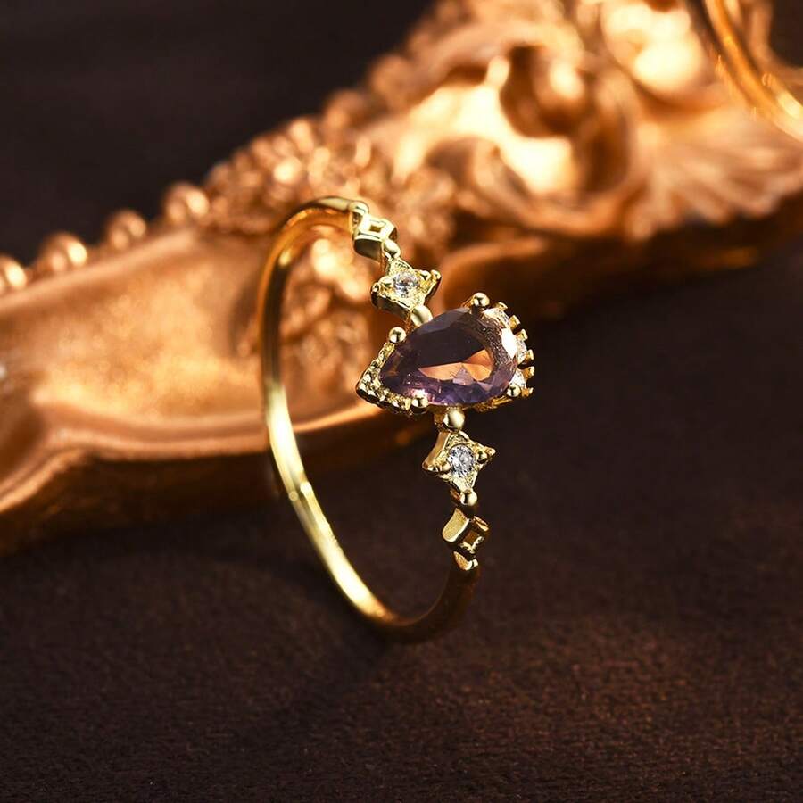 1 件 925 纯银紫色锆石水滴形个性化戒指，适合女士日常佩戴的优质珠宝 - 金黃色 - 查看 1