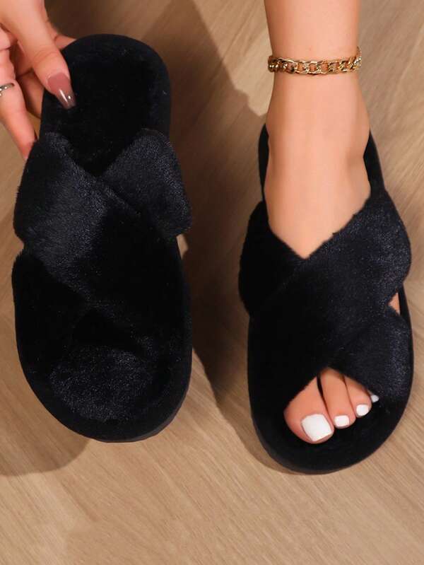 Simple Elegant Women's Criss-Cross Open Toe Slippers, Non-Slip Flat Comfy Fluffy Slide Sandals For Home/Couples
