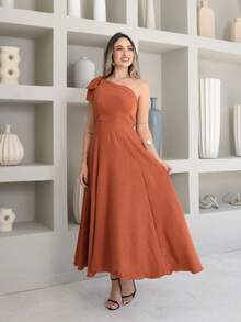Helena Luxury Dune Linen Midi Dress With Bow On The Sleeve - Burnt Orange - View 5