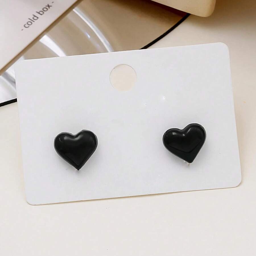 Heart Stud Earrings Valentines - Black - View 1