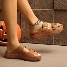 Women's Black Open Toe Slides With Dual Buckle Straps - Comfortable Thick Sole, Durable, Breathable, Non-Slip, Wear-Resistant, Spring/Summer Casual Shoes, Outdoor Slippers, Slouchy Flat Sandals | Dual Buckle Design | Synthetic PU Leather