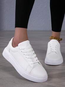 White Women Sports Shoes, Classic Round Toe Lace-Up Thick Sole Sneakers, Shock-Absorbing Comfortable Skateboarding Shoes, Gift For Festivals, Birthdays, Students - White - View 3