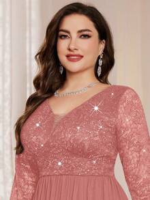 Plus Size Deep V-Neck Sequin Floral Lace Contrast Color Chiffon Slit Maxi Dress, Elegant Formal Gown For Prom, Wedding Guest, Valentine's Day, Graduation Ceremony, Banquet, Homecoming, Holidays - Dusty Pink - View 11