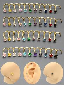 Opakowanie 4 sztuk 20G Kość 0,8x7mm Złoty Pozłacany Skręcony Barbell Kolczyki do Nozdrzy Ze Stali Nierdzewnej Kolczyki Do Nosa Z Okrągłą Gwiazdą Kwadratowe Serce Cyrkonia Sześcienna Helix Kolczyki Do Chrząstki Tragus Dla Kobiet Mężczyzn Przekłucie Nosa Meduza Monroe Piercing Labret Piercing Wargi Muszla Piercing Twarz Ciało Biżuteria