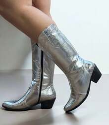 ALINE BORGES Texana Croco Western Country Boot LOW Heel High Shaft Long Comfortable Current Fashion - 銀色 - 查看 3