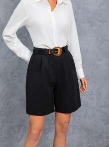 2 piezas de pantalones cortos elegantes de cintura alta y bolsillos de unicolor para mujer, uso casual y de oficina, para el verano
