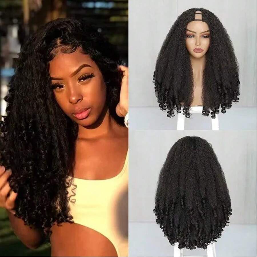 New Afro Curly V Part Wig Synthetic Braided Hair Texture With Unique Bouncy Curls In The End 22 Inch Soft Curly Full Hair V Part Wigs Synthetic Kinky Straight Hair Bouncy Curls No Leave Out Clip In Half Wig