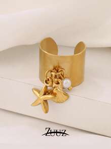 1 pièce Bague large ouverte en acier inoxydable et plastique ronde avec pendentif coquillage de perle et étoile de mer. Cadeau de bijoux charmants pour femmes, convient pour un port quotidien