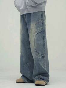 1pc Men's Casual Loose Fit Vintage Washed Patchwork Design Wide Leg Jeans Pants - Blue - View 4