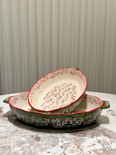 1 件复古花卉手绘陶瓷烤盘，带手柄，适用于沙拉、意面、芝士烘焙、烘焙、烤鸡。适用于烤箱、微波炉和洗碗机，不粘，易清洗。非常适合居家、餐厅日常使用和节日场合。