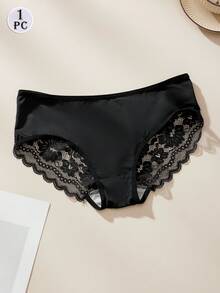1 件性感内裤女士内裤蕾丝性感镂空个性化蕾丝交叉舒适透气内裤窗格内裤黑色 - 黑色 - 查看 4