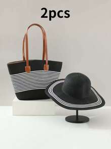 Set de 2 piezas para mujer de sombrero de paja estilo rayado y bolso tipo tote para viajes y uso al aire libre. Sombrero de ala ancha de protección UV para el verano y bolso de hombro espacioso
