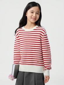 Balabala Young Girl Tween Girls' Long Sleeve Sweet Knit Sweater, Stylish Spring Stripe Casual Sweaters - White Red - View 1
