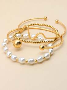 4pcs Asymmetrical Chain Faux Pearl Beaded Bracelet Set For Women, Golden Color
