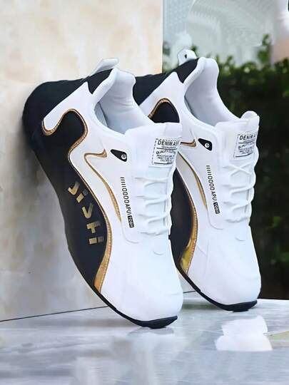 Men Black And Gold Color Casual Sports Shoes - Low-Top Design, PU Upper And PVC Sole, Comfortable Fabric Lining, Suitable For Casual Wear