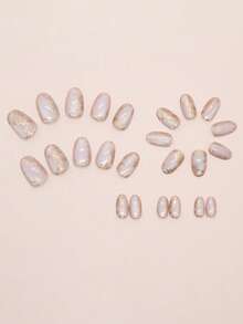 Bộ 24 móng tay giả hình bầu dục cỡ trung họa tiết hoa mèo ánh kim, bao gồm 1 dũa móng và 1 keo dán móng dạng gel, thích hợp để sử dụng hàng ngày cho phụ nữ, dụng cụ làm móng - Nhiều màu - Xem 3