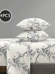 Bộ 4 tấm ga trải giường họa tiết hoa lá mận trắng dễ chăm sóc bằng vải sợi nhỏ mềm mại Bộ ga trải giường vừa vặn (1 tấm ga trải giường phẳng + 1 tấm ga trải giường vừa vặn + 2 vỏ gối) Bộ ga trải giường vừa vặn King Queen Full TWIN Kích thước túi sâu lên đến 11,8 inch Vỏ gối, mềm mại, thoáng khí, không nhăn, tốt hơn cho giấc ngủ, phong cách khách sạn sang trọng, quà tặng cho bố mẹ bạn bè - Màu trắng kem - Xem 6