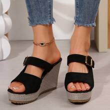 Women's Platform Sandals Fashion Hollow-Out Buckle Closure Wedge Heel Beach Outdoor Summer Straw Woven Bottom Shoes
