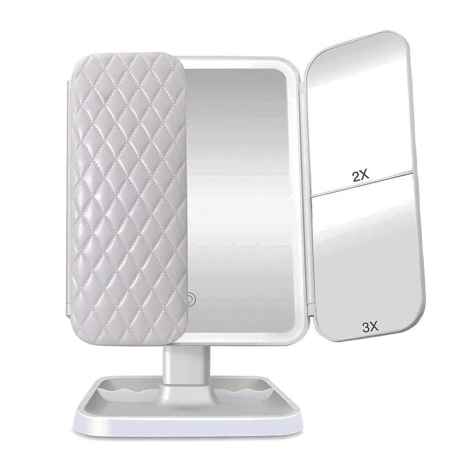 Espejo de Maquillaje Klack con Aumento 1X/2X/3X – LED Recargable con 3 Configuraciones de Luz – Triple Pliegue y Pantalla Táctil con Batería y Cable USB Incluido - Entrega en 24/48 horas desde España - Blanco - Ver 1
