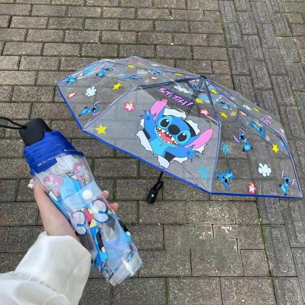 1 Peça Guarda-chuva Automático Transparente Estilo Cartoon, Dobrável com 3 Dobras, Parasol de Chuva/Sol