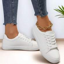 Plus Size Women White Sneakers, Fashion Casual Lace-Up Flat Shoes, Versatile School/Sports Shoes (Please Order One Size Up As The Shoes Run Small)