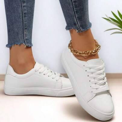 Plus Size Women White Sneakers, Fashion Casual Lace-Up Flat Shoes, Versatile School/Sports Shoes (Please Order One Size Up As The Shoes Run Small)