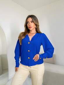 Women's Long Sleeve Shirt In Dune Fabric With Button Launch 2023 - Royal Blue - View 4