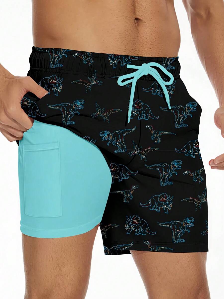 Mens Swim Trunks Compression Liner Swim Shorts Swimwear Quick Dry Swimsuit Bathing Suits Board Shorts - Black - View 1