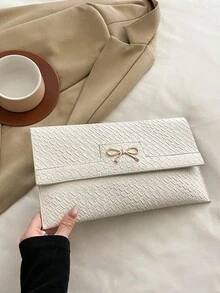 Túi đeo chéo PU màu trơn đơn giản có điểm nhấn nơ dệt kim tối giản - Màu be - Xem 8