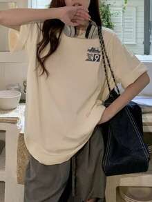 Spring/Summer New Women Letter Graphic Printing Round Neck Casual Versatile Girl Short Sleeve T-Shirt - Apricot - View 6