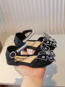 Kids Fashion Elegant Rhinestone Beaded Bow Decor Princess Flat Shoes - Black - View 3