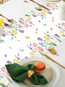 1 Stück Tischläufer mit Frühlings-Tulpen, Polyester Tischdecke mit Gras und Blumen für Frühlings-/Sommerfeste, ideal für Innen- und Außenbereich Esszimmerdekoration