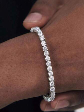 1pc Luxury Shiny Cubic Zirconia Tennis Chain Bracelet For Men, Suitable For Daily Wear, Couples Bracelet