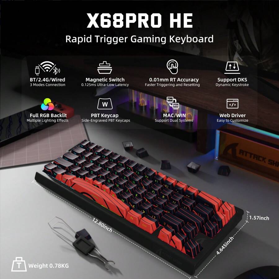 ATTACK SHARK X68PRO HE 60 Wireless Rapid Trigger Gaming Keyboard With