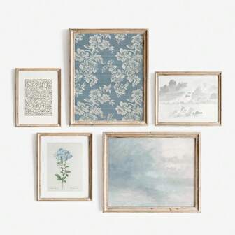 1/5 件套，墙面艺术，现代海报，蓝色法式小屋画廊墙 | 5 幅印刷品植物素描水彩画，客厅装饰，卧室装饰，宿舍装饰美学，无框
