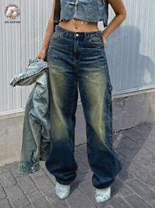 Pantaloni casual a vita alta, efetto vissuto, stile Y2K, ampi e comodi, cargo