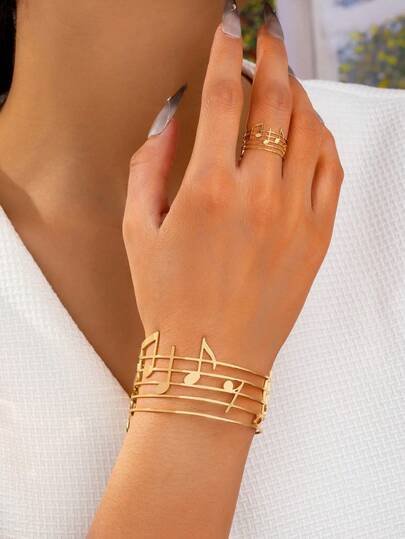 Bộ 1 vòng tay và nhẫn kim loại hình nốt nhạc thời trang và thanh lịch, phù hợp cho nữ giới đeo hàng ngày, dự tiệc, hòa nhạc, làm quà tặng, đa năng.