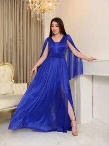 Women's Long Dress With Slit Short Cape Sleeve Shiny Color Tulle Transparent Elegant Fashion Party Prom - 寶藍色 - 查看 1