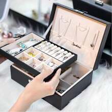Portable Faux Leather Jewelry Box Double Compartment Jewelry Organizer With Key False Bottom 2 Layers Box