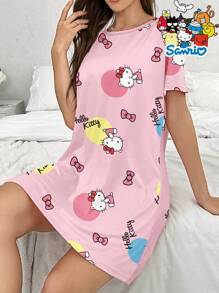 Sanrio Vestido de dormir casual de verano para mujer con cuello redondo y manga corta, estampado con Hello Kitty en color rosa