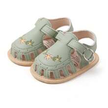 Baby Girl Sandals, PU Leather Non-Slip Embroidery Flower Summer Flats Toddler Shoes For Casual Daily - màu xanh lá - Xem 3