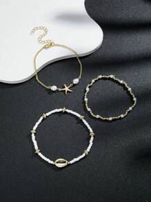 3-Piece Summer Beach Style Alloy Starfish Shell Stacked Beads Glass Material Women's Anklet Set