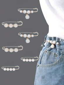 6/8/12pcs/Set Faux Pearl Safety Pins Set, Waist Clips For Pants, Shirts & Dress To Prevent Exposure