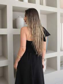 Helena Luxury Dune Linen Midi Dress With Bow On The Sleeve - Black - View 5