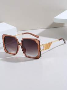 1pc Women Fashionable Square Glasses With Vintage Metal Temples, Pink Color, Suitable For Summer Travel, Beach & Vacation For Summer Beach Vacation,Outdoor,Travel