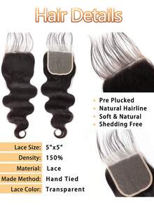 5*5透明蕾丝封口波浪发束，未加工巴西处女波浪发真人发编织发束，带封口，自然色 - Natural Black - 查看 2