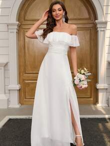 YUMIBRAVO Vestido de novia elegante de unicolor con hombros descubiertos, volantes en el bajo y abertura lateral - Blanco - Ver 6